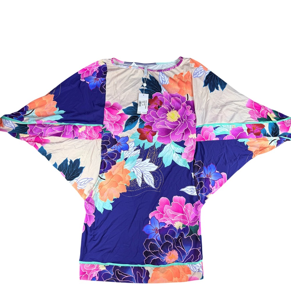 Trina Turk Floral Kaftan Tunic Top Dolman Sleeve Multicolor Medium Womens NEW